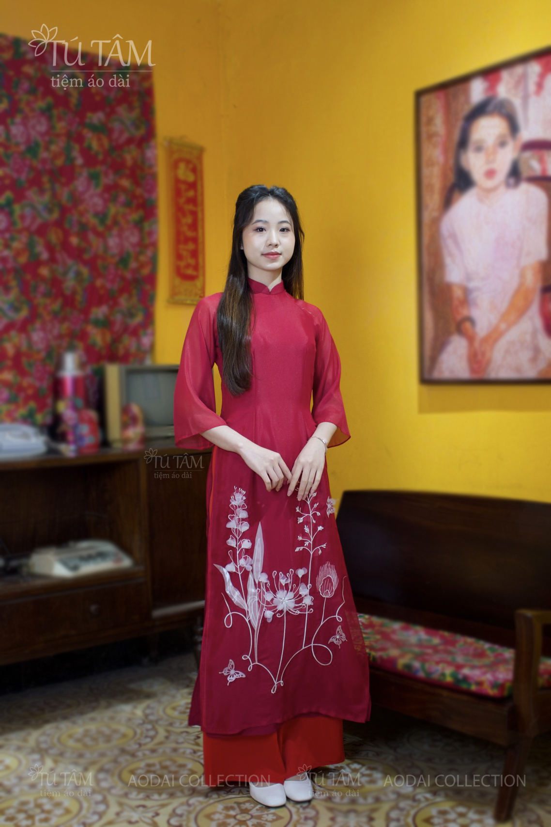Áo Dài Cách Tân Nữ Dáng Suông Tay Lỡ Trẻ Trung Màu Đỏ 4 ao-dai-cach-tan-nu